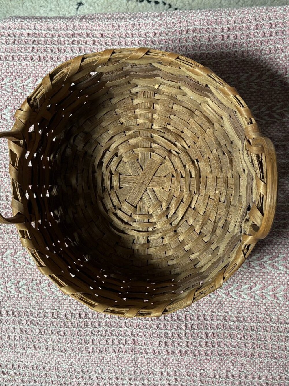 Vintage signed 1991 round wood handled basket possibly Longaberger 10.5" diam.